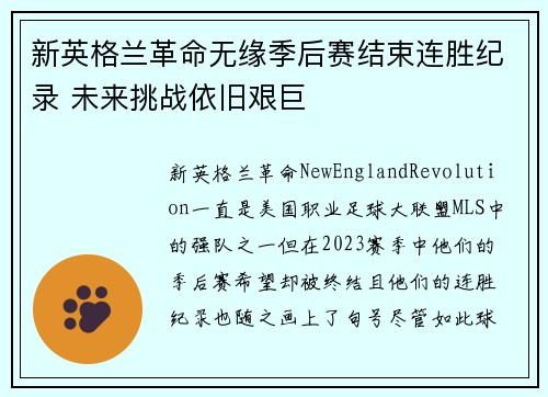 新英格兰革命无缘季后赛结束连胜纪录 未来挑战依旧艰巨